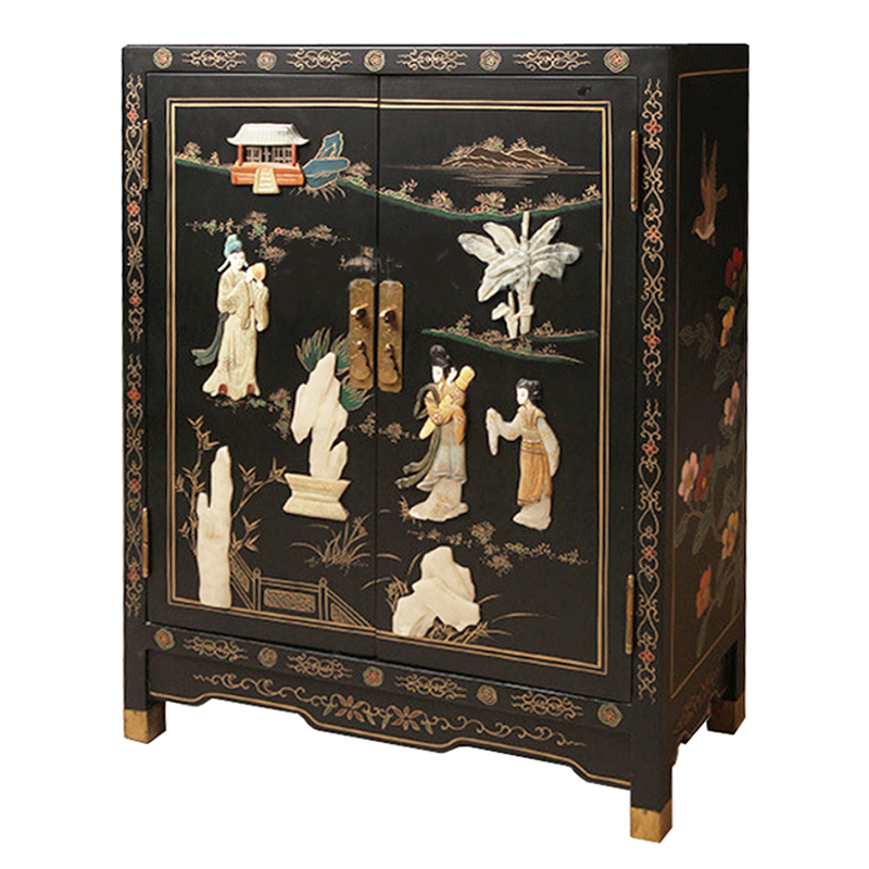 Черный Двухдверный Комод в Китайском стиле с каменным Барельефом Black Chinese Chest of drawers Черный Мульти в Санкт-петербурге | Loft Concept 