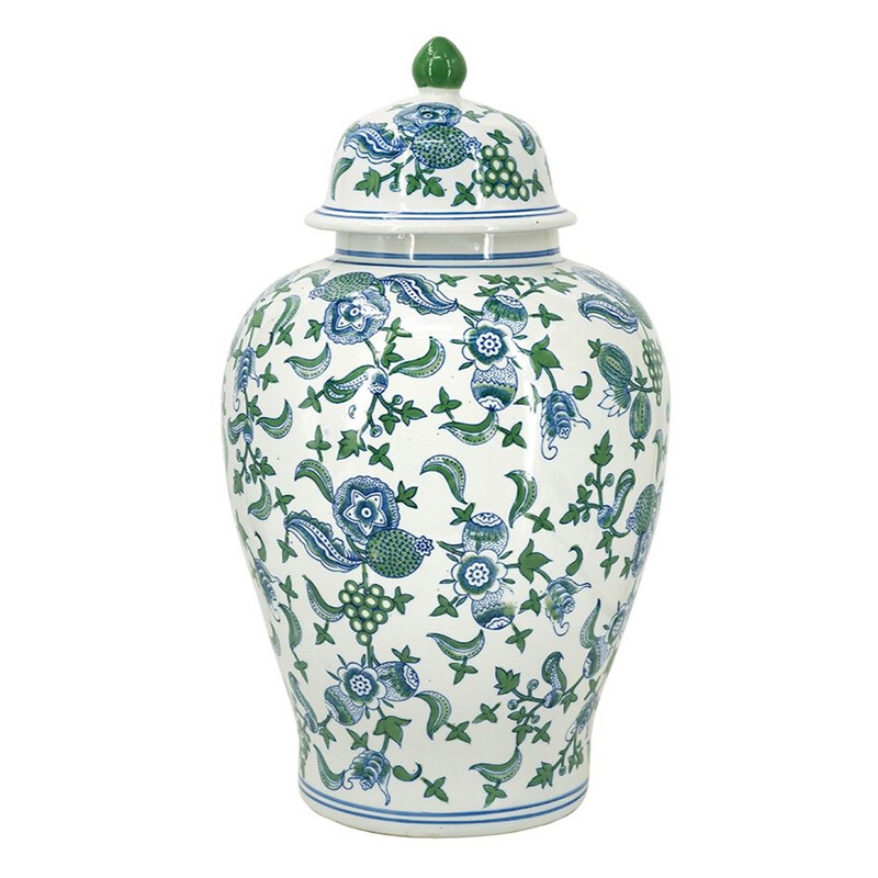 Ваза с крышкой и зелено-голубым цветочным узором на белом фоне Blue & White Ornament Белый Синий Ваза с крышкой и зелено-голубым цветочным узором на белом фоне Blue & White Ornament Белый Синий в Санкт-петербурге | Loft Concept