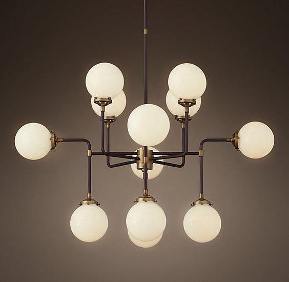 Люстра RH Bistro Globe Milk Glass 12-Light Chandelier Латунь Черный Белый в Санкт-петербурге | Loft Concept 