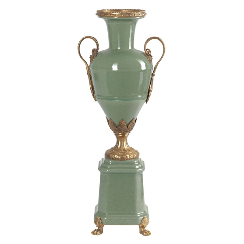 Ваза зеленого цвета из фарфора на высокой подставке с бронзовыми ручками Eden Garden porcelain and bronze Зеленый Бронза Ваза зеленого цвета из фарфора на высокой подставке с бронзовыми ручками Eden Garden porcelain and bronze Зеленый Бронза в Санкт-петербурге | Loft Concept