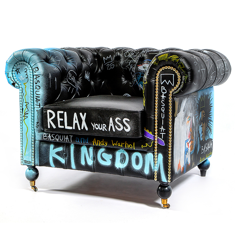 Кресло "Баския и Уорхол" Basquiat Warhol graffiti chair натуральная кожа Черный Мульти в Санкт-петербурге | Loft Concept 