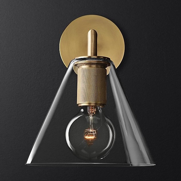 Бра RH Utilitaire Funnel Shade Single Sconce Brass Прозрачное Стекло Латунь в Санкт-петербурге | Loft Concept 