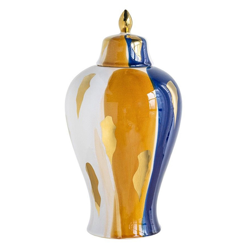 Ваза с крышкой и мазками синего и золого цвета на белом фоне Chinoiserie Ceramics Белый Оранжевый Золотой Синий Ваза с крышкой и мазками синего и золого цвета на белом фоне Chinoiserie Ceramics Белый Оранжевый Золотой Синий в Санкт-петербурге | Loft Concept