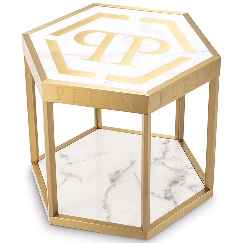 Приставной стол Philipp Plein Side Table Billionaire Золотой Белый Мрамор Bianco в Санкт-петербурге | Loft Concept 