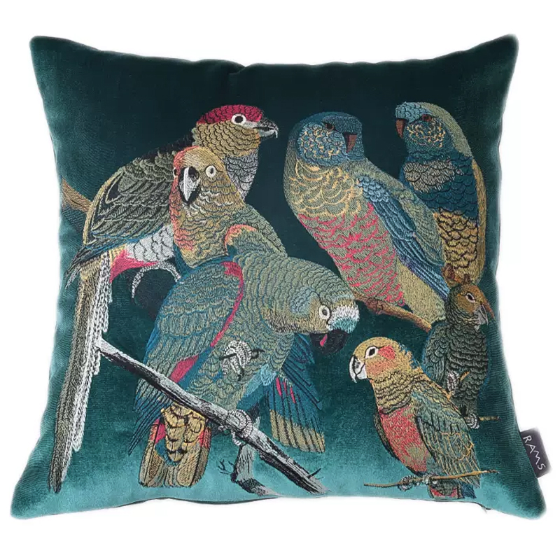 Декоративная подушка с вышивкой Embroidery Parrots Pillow Green Зеленый Мульти в Санкт-петербурге | Loft Concept 