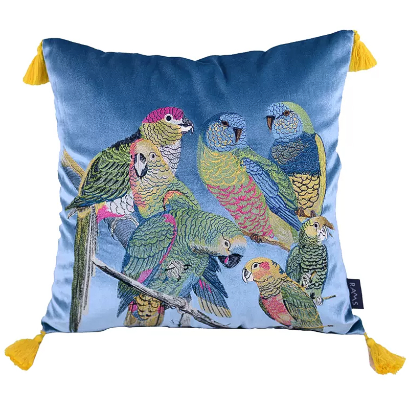 Декоративная подушка с вышивкой Embroidery Parrots Pillow Blue Голубой Мульти в Санкт-петербурге | Loft Concept 