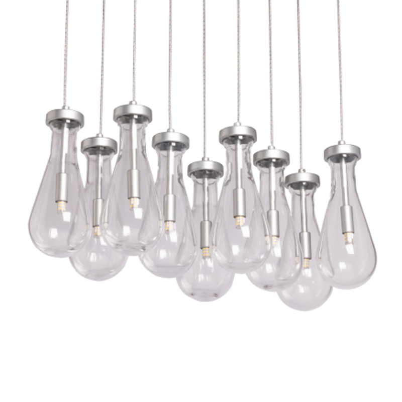 Люстра с 9-ю прозрачными плафонами из стекла в форме капли на прямоугольном потолочном основании цвета хром Lucid Rain  Серебряный Прозрачный в Санкт-петербурге | Loft Concept 