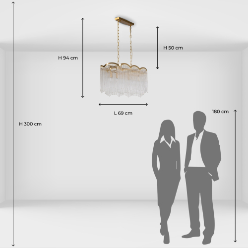 Люстра прямоугольная на цепях с прозрачными трубками и волнистым краем Nembus в Санкт-петербурге