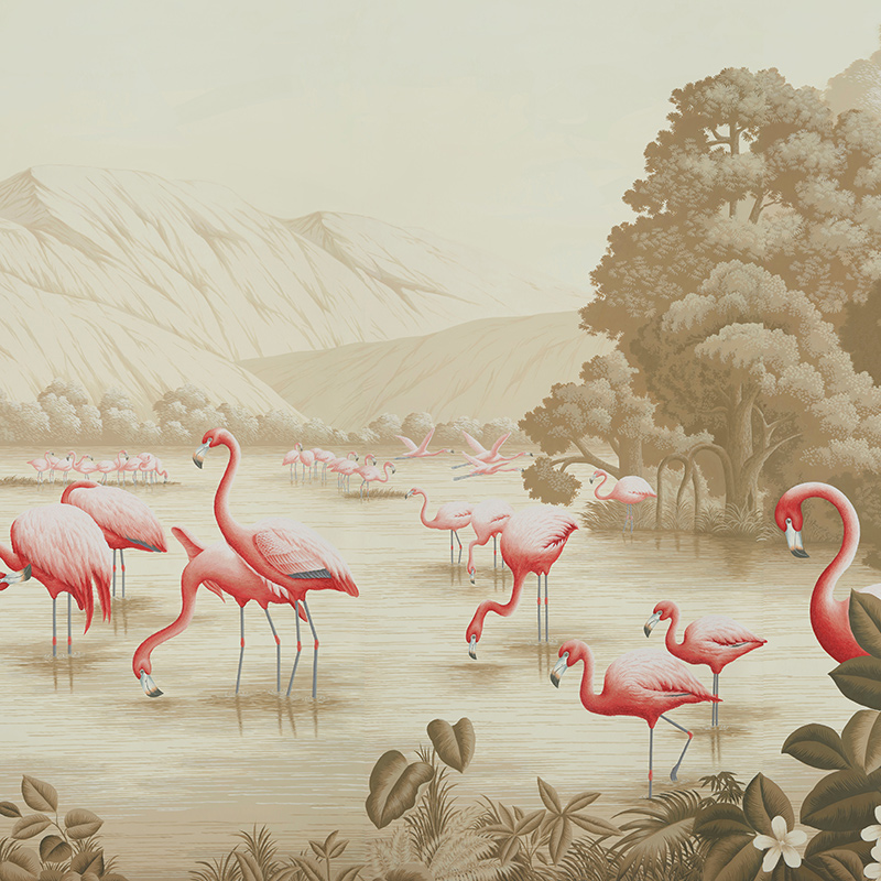 Обои ручная роспись Flamingos Flamingo on Sepia scenic paper  в Санкт-петербурге | Loft Concept 