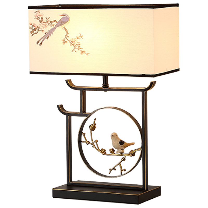 Настольная лампа с абажуром Bird Chinese Style Modern Table Lamp Черный Бежевый Золотой в Санкт-петербурге | Loft Concept 