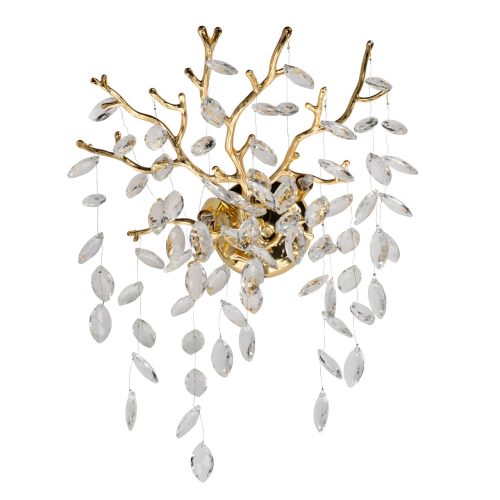 Бра золотого цвета с декоративными ветвями и прозрачными подвесками в форме листьев Droplet Chandelier Золотой Прозрачный в Санкт-петербурге | Loft Concept 