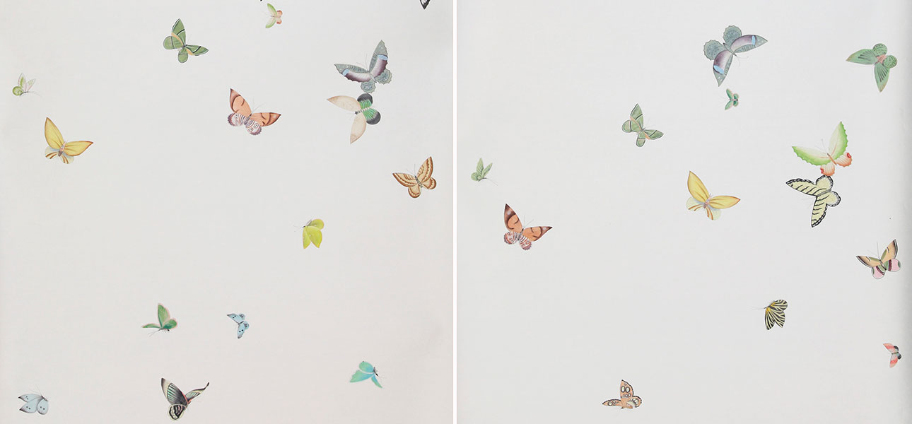 Обои ручная роспись Butterflies Emerald on Natural Mica metallic silk - фото