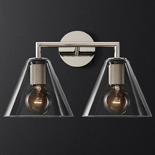 Бра RH Utilitaire Funnel Shade Double Sconce Silver Прозрачное Стекло Никель в Санкт-петербурге | Loft Concept 