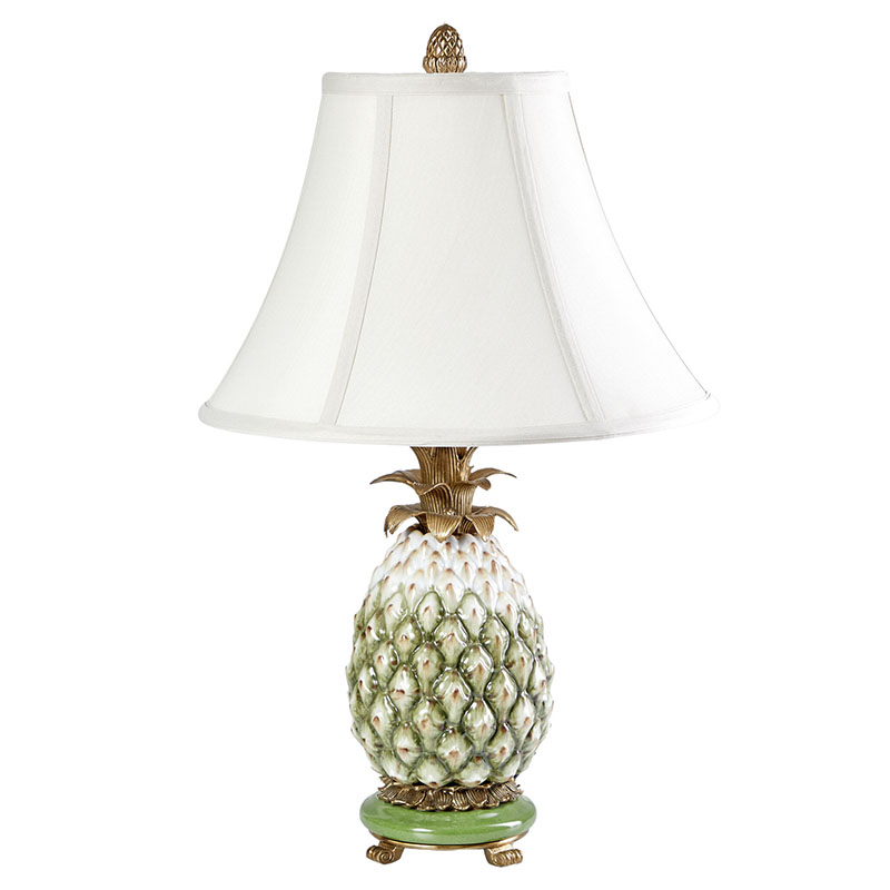 Настольная лампа с каркасом и декором в виде ананаса из фарфора и бронзы Pineapple Lamp Белый Зеленый Бронза в Санкт-петербурге | Loft Concept 