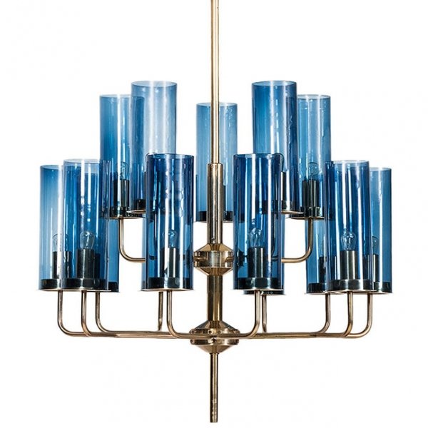 Люстра Hans-Agne Jakobsson Brass & Blue Glass Tube Chandelier Сапфир (Sapphire) Глянцевое золото в Санкт-петербурге | Loft Concept 