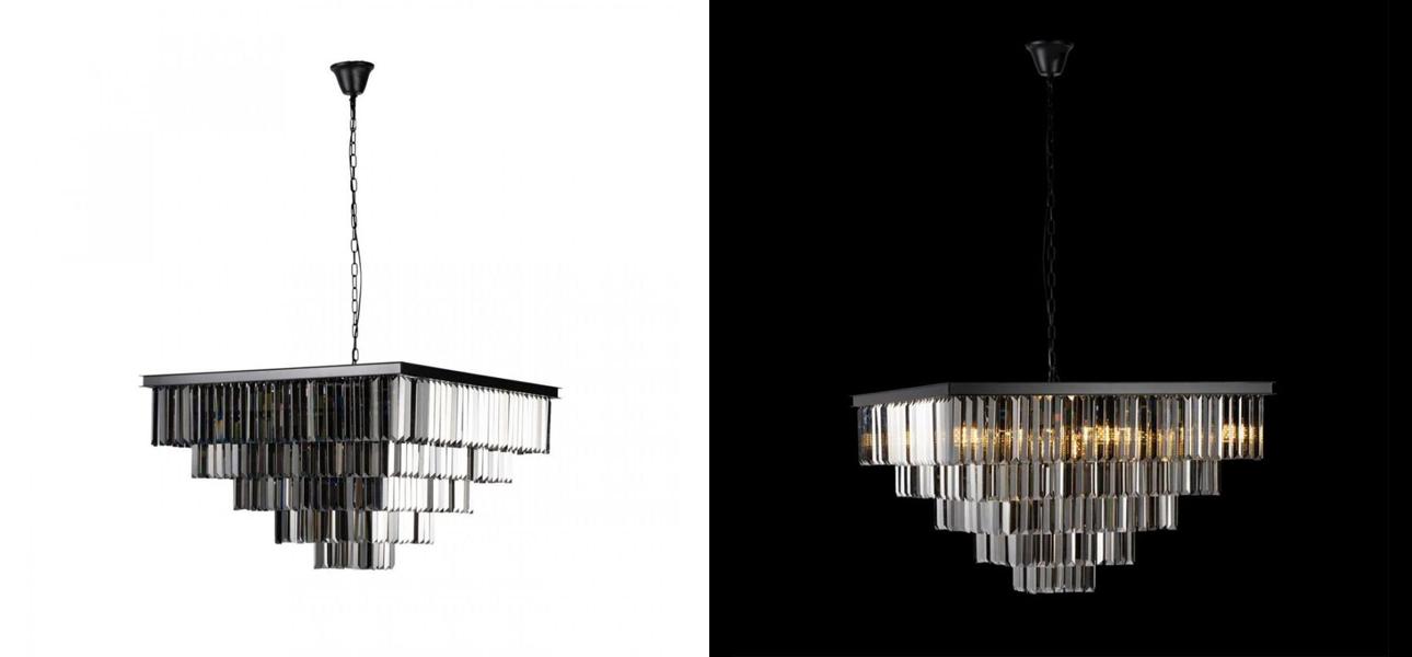 Квадратная Люстра RH 1920s Odeon Black iron Five layers Серое Стекло 80х80 - фото