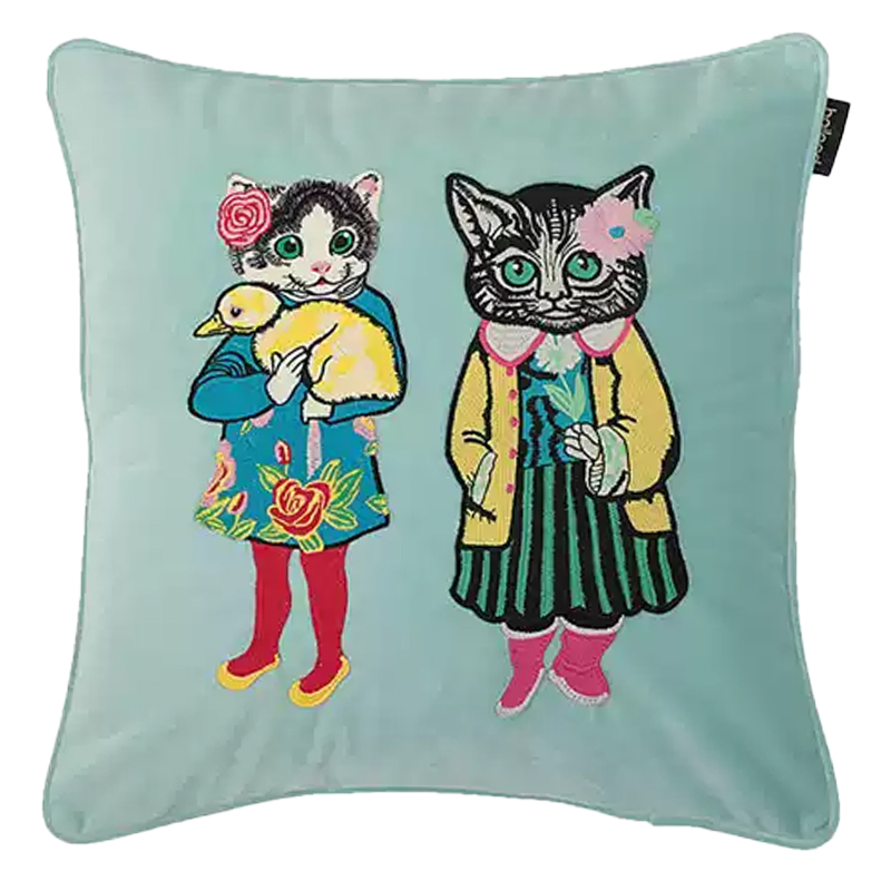 Декоративная подушка с вышивкой Стиль Gucci Two Kittens Cushion Mint Мульти Мятный в Санкт-петербурге | Loft Concept 