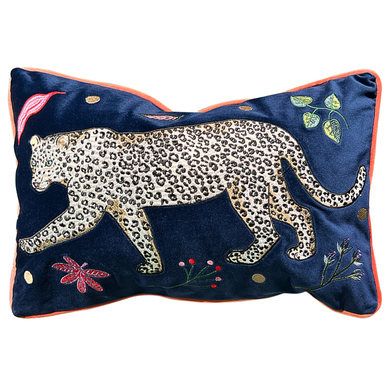 Декоративная подушка с вышивкой Panther Embroidery Cushion Темно-синий Мульти в Санкт-петербурге | Loft Concept 