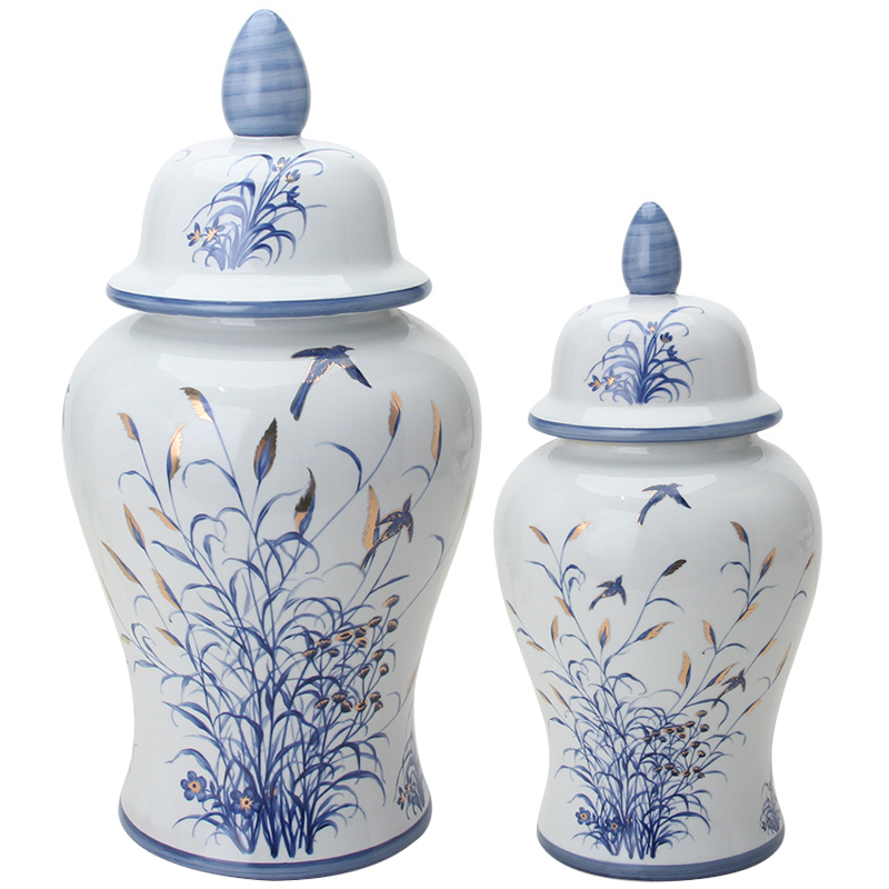 Ваза с крышкой Oriental Blue & White Bird and Flowers Vase Светло-синий Белый Глянцевое золото в Санкт-петербурге | Loft Concept 