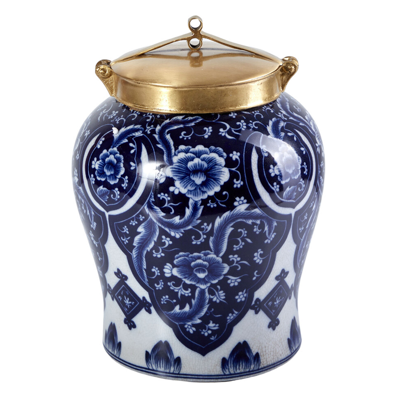 Ваза с насыщенным синим орнаментом и золотой крышкой Blue & White Ornament Белый Синий Золотой Ваза с насыщенным синим орнаментом и золотой крышкой Blue & White Ornament Белый Синий Золотой в Санкт-петербурге | Loft Concept