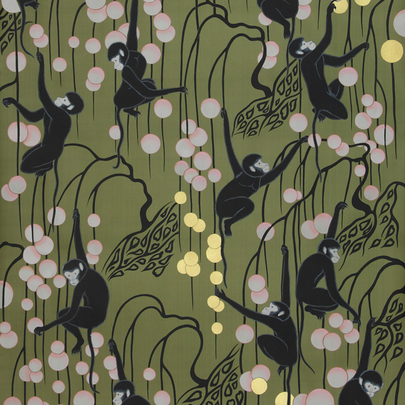 Обои ручная роспись Deco Monkeys Special Colourway on Olive dyed silk  в Санкт-петербурге | Loft Concept 