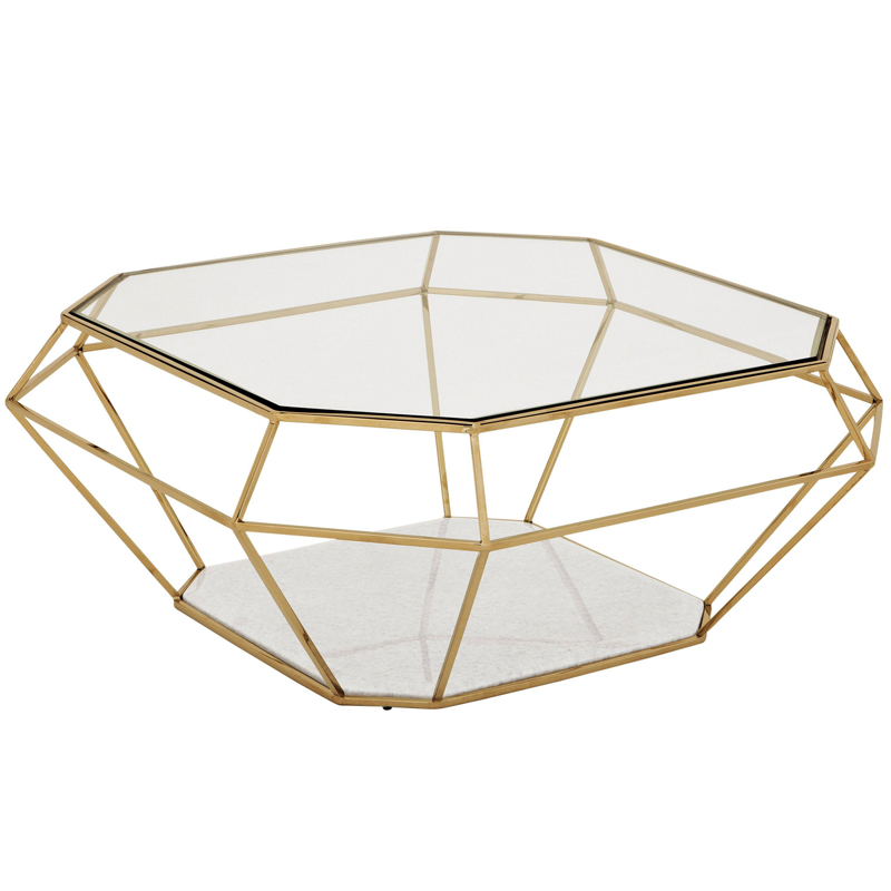 Кофейный стол Eichholtz Coffee Table Asscher Золотой Прозрачный Белый Мрамор Bianco в Санкт-петербурге | Loft Concept 