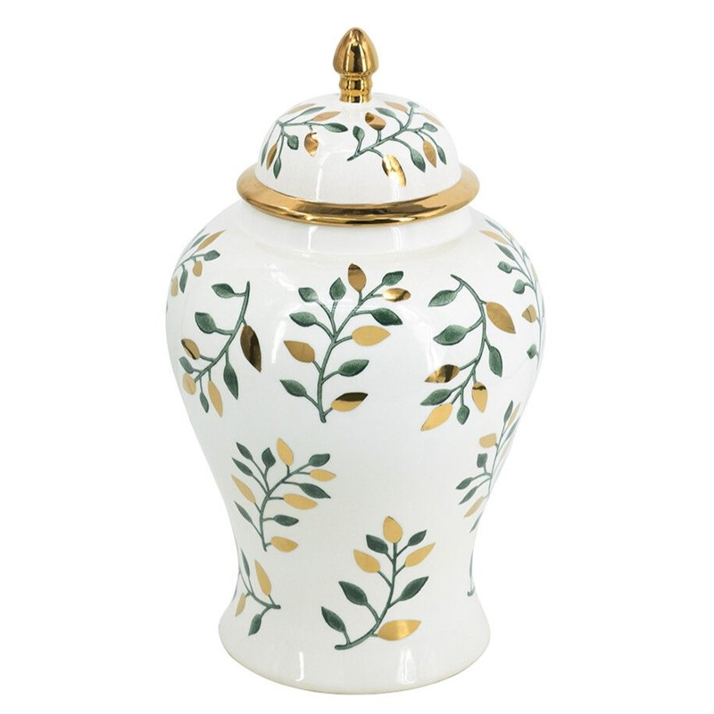 Ваза белая с крышкой с рисунком зеленых и золотых листьев 48 см Chinoiserie Ceramics Белый Зеленый Золотой Ваза белая с крышкой с рисунком зеленых и золотых листьев 48 см Chinoiserie Ceramics Белый Зеленый Золотой в Санкт-петербурге | Loft Concept