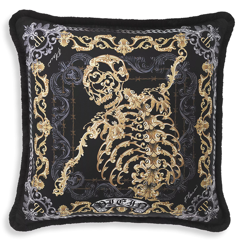 Подушка Philipp Plein Cushion Silk Skeleton 70 x 70 cm Черный Золотой Серый в Санкт-петербурге | Loft Concept 