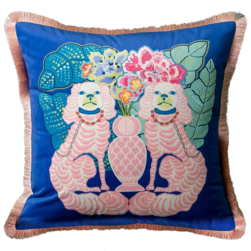 Декоративная подушка Two Pink Dogs on Blue Cushion Синий Розовый Мульти в Санкт-петербурге | Loft Concept 