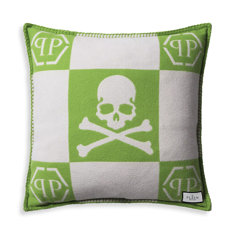 Подушка Philipp Plein Cushion Cashmere Skull 45 x 45 Green Зеленый Белый в Санкт-петербурге | Loft Concept 