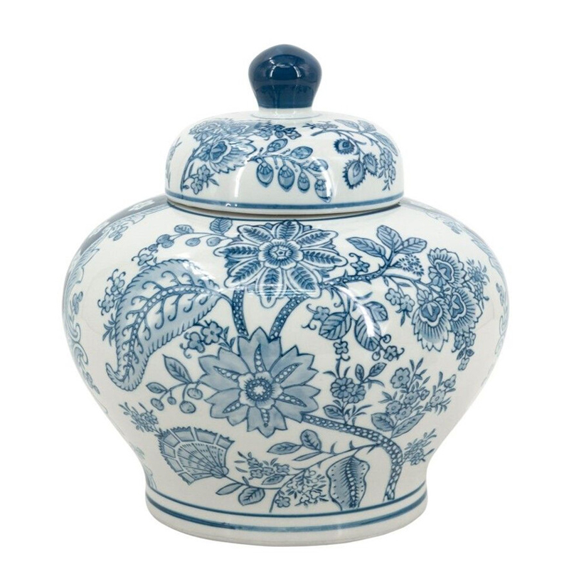 Ваза с крышкой и синим узором в виде цветов и листьев Blue & White Ornament Белый Синий Ваза с крышкой и синим узором в виде цветов и листьев Blue & White Ornament Белый Синий в Санкт-петербурге | Loft Concept