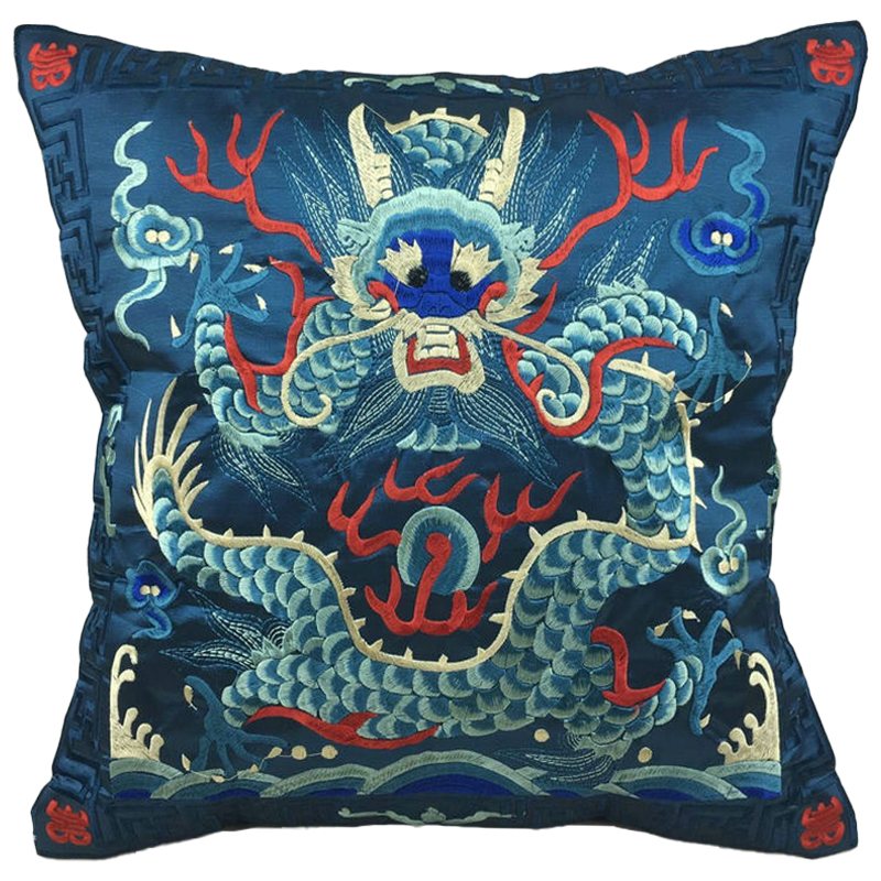 Декоративная подушка с вышивкой Chinese Dragon Blue Мульти Синий в Санкт-петербурге | Loft Concept 