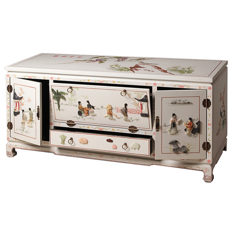 Белый Комод в Китайском стиле с каменным Барельефом Walk in the Garden Chinese Chest of Drawers Белый Мульти в Санкт-петербурге | Loft Concept 