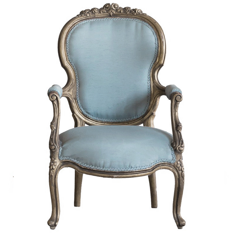 Кресло Arm Carved Chair  blue linen Голубой пастельный Темный дуб в Санкт-петербурге | Loft Concept 