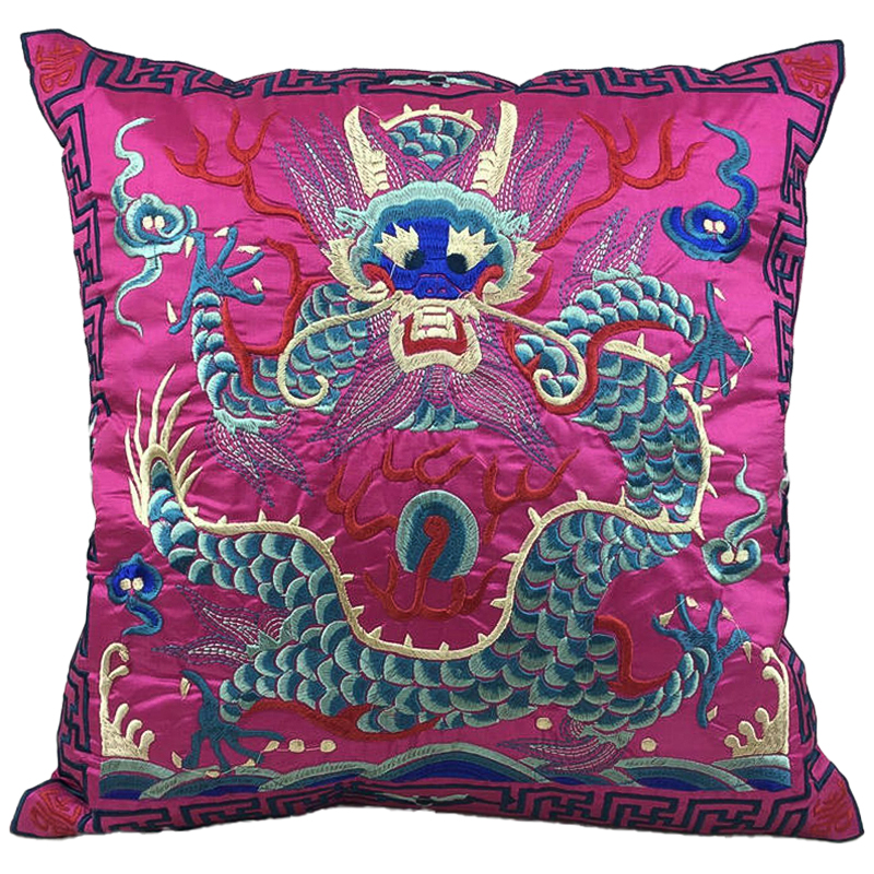 Декоративная подушка с вышивкой Chinese Dragon Pink Розовый Мульти в Санкт-петербурге | Loft Concept 