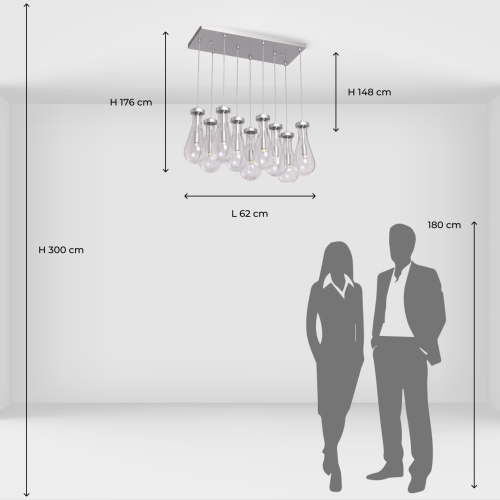 Люстра с 9-ю прозрачными плафонами из стекла в форме капли на прямоугольном потолочном основании цвета хром Lucid Rain  в Санкт-петербурге