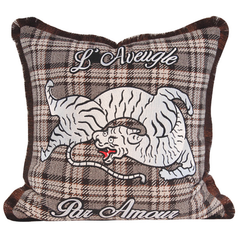 Декоративная подушка с вышивкой Стиль Gucci Plaid Print Tiger Cushion Коричневый Бежевый Красный в Санкт-петербурге | Loft Concept 