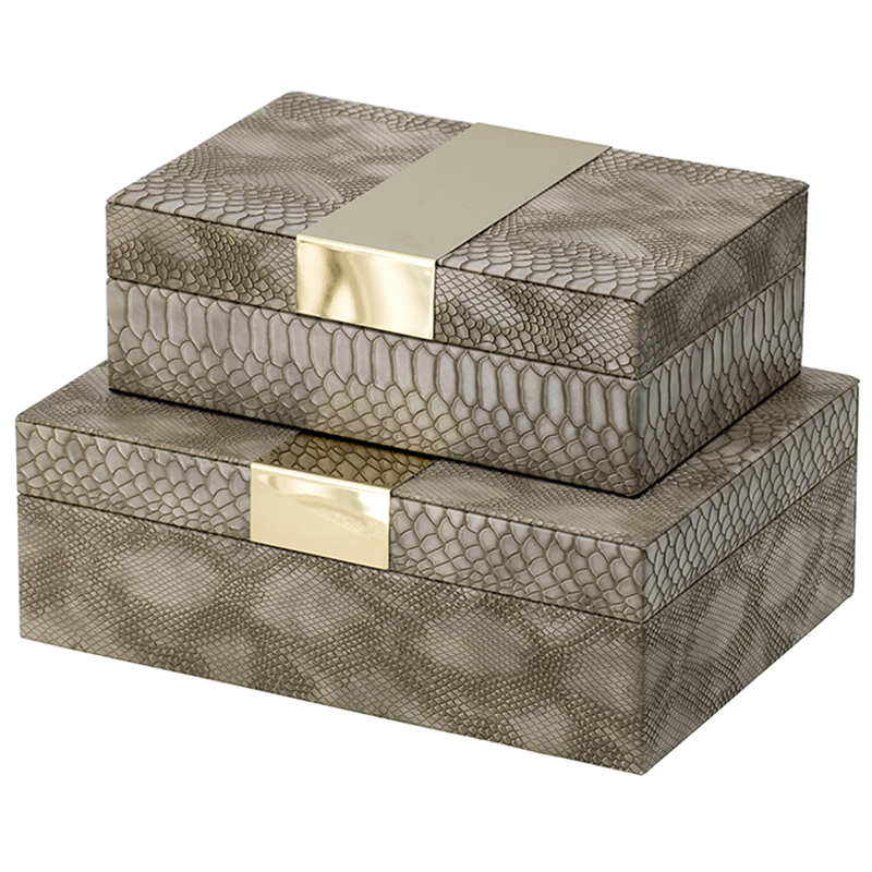 Комплект шкатулок Imitation Snakeskin Boxes Бежево-серый Глянцевое золото в Санкт-петербурге | Loft Concept 