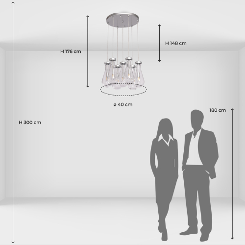 Люстра с 7-ю прозрачными плафонами из стекла в форме капли на круглом потолочном основании цвета хром Lucid Rain  в Санкт-петербурге