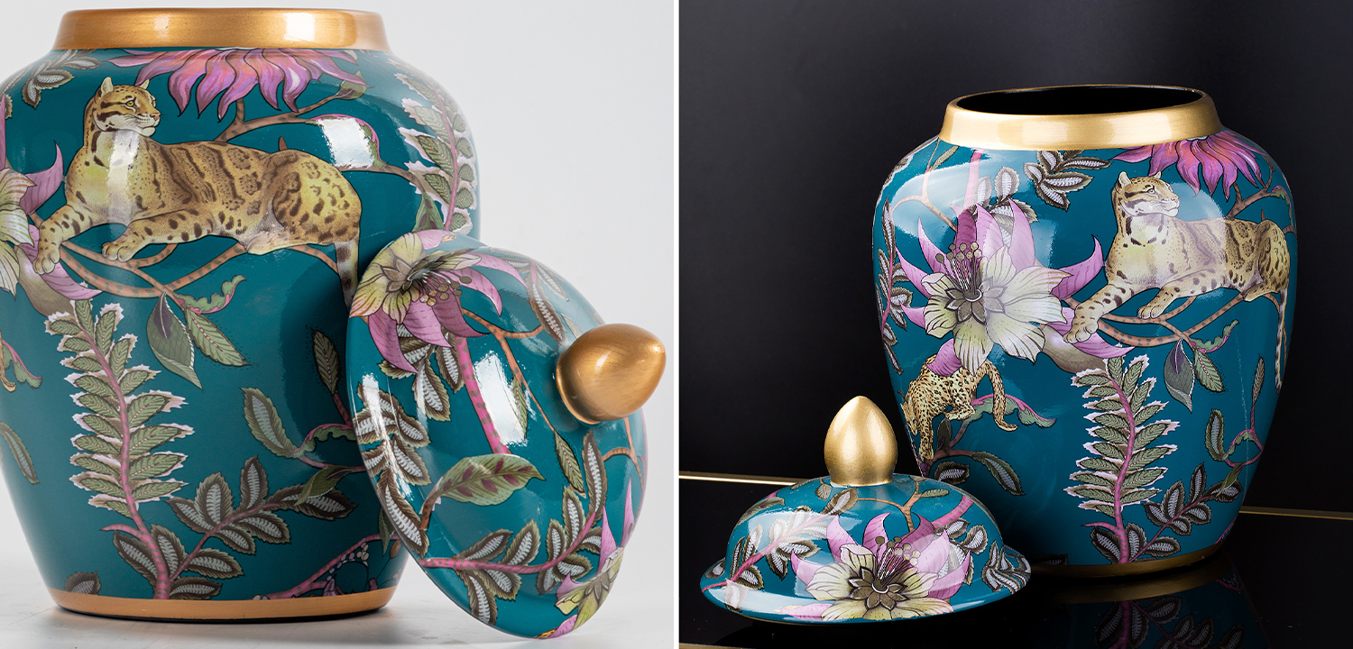 Ваза с крышкой Leopard Flowers Vase Emerald - фото
