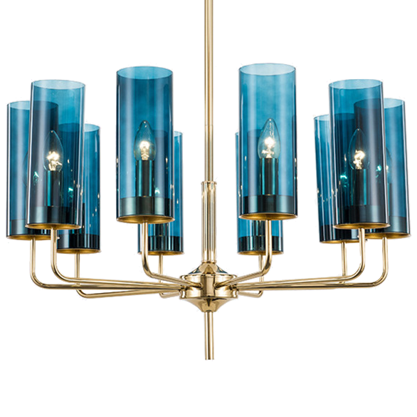 Люстра Hans-Agne Jakobsson Brass & Blue Glass Tube Chandelier 10 Глянцевое золото Сапфир (Sapphire) в Санкт-петербурге | Loft Concept 