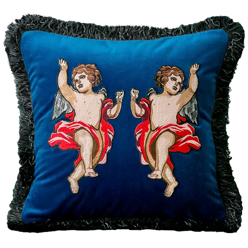 Декоративная подушка с вышивкой Стиль Gucci Angels Cushion Blue Синий Мульти в Санкт-петербурге | Loft Concept 