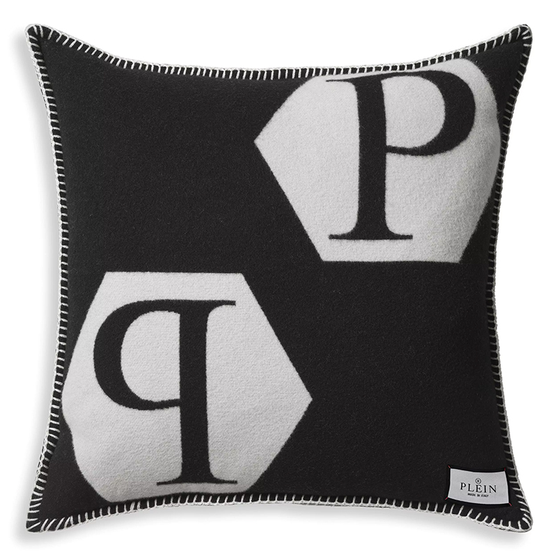 Подушка Philipp Plein Cushion Cashmere PP Logo 65 x 65 Black Черно-белый в Санкт-петербурге | Loft Concept 