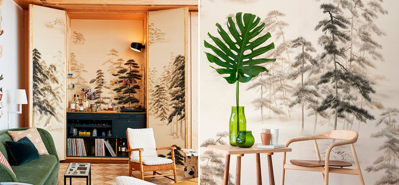 Обои ручная роспись Abstract Pines Dark Lacquer on Natural Mica metallic silk - фото