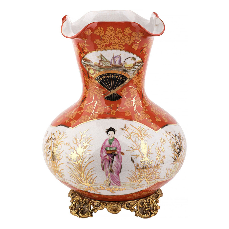 Ваза красного цвета с рисунком Chinoiserie Ceramics Белый Красный Бронза Ваза красного цвета с рисунком Chinoiserie Ceramics Белый Красный Бронза в Санкт-петербурге | Loft Concept