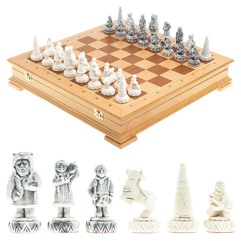 Шахматы Северные народы в ларце из натурального бука Decorative Thematic Chess  Белый Серый Оранжевый Коричневый в Санкт-петербурге | Loft Concept 