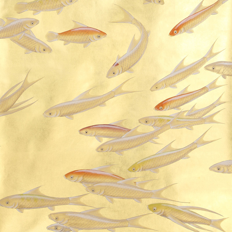 Обои ручная роспись Fishes Koi on Deep Rich Gold gilded paper  в Санкт-петербурге | Loft Concept 