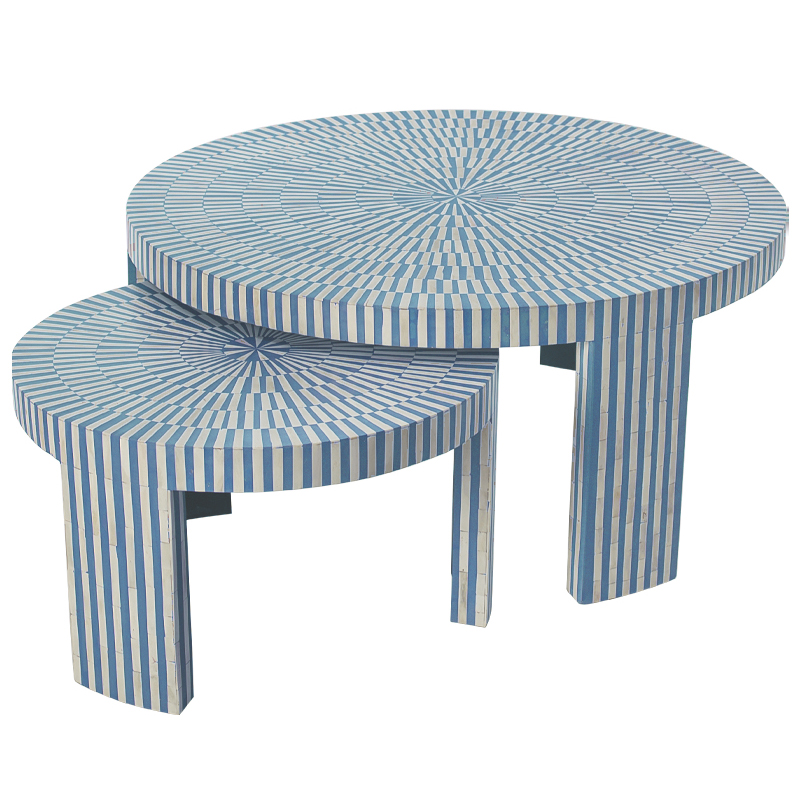 Комплект журнальных столов с инкрустацией Stripes Set of two tables blue Белый Голубой в Санкт-петербурге | Loft Concept 