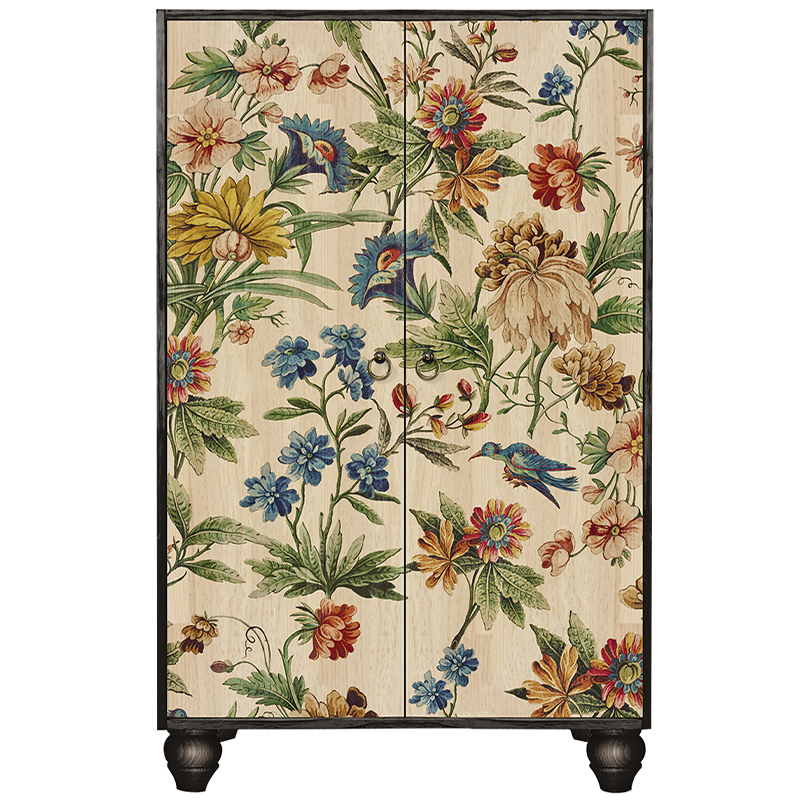 Шкаф с цветочным изображением на дверцах Floral Print Cabinet Мульти Черный Бежевый в Санкт-петербурге | Loft Concept 