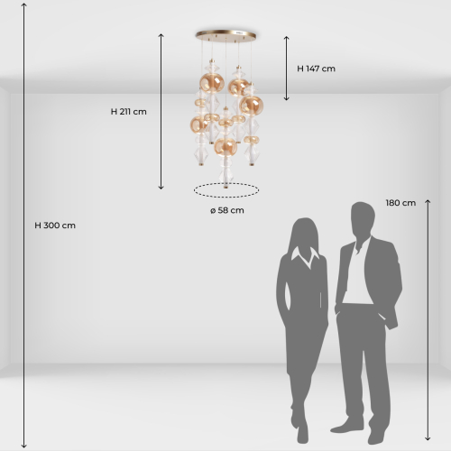 Люстра с плафонами из прозрачного и янтарного стекла в виде шаров и ромбов Gabriel Scott Luna в Санкт-петербурге